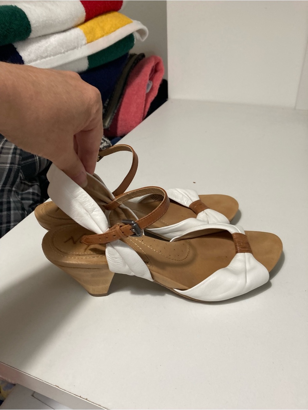 Naya White Leather Slingback Sandals with Tan Straps